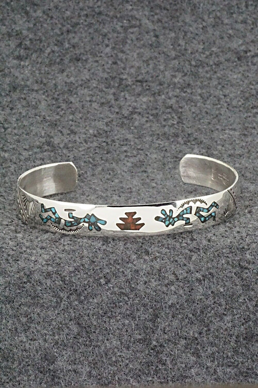 Turquoise, Coral Chip Inlay & Sterling Silver Bracelet - Joleen Yazzie