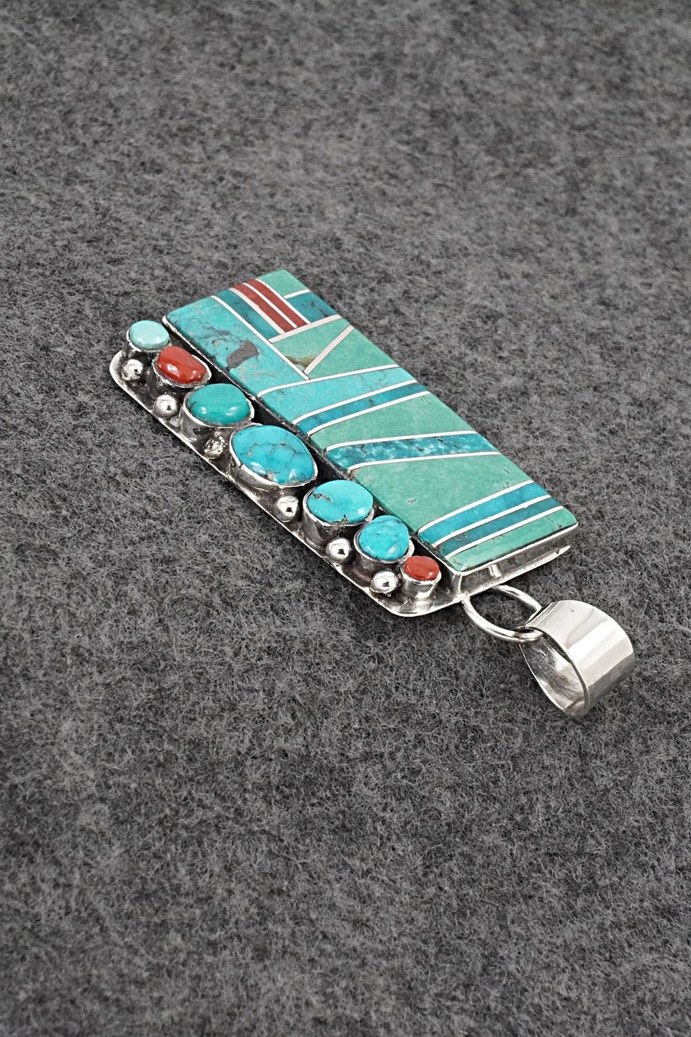 Turquoise, Coral & Sterling Silver Pendant - Darlene Noble