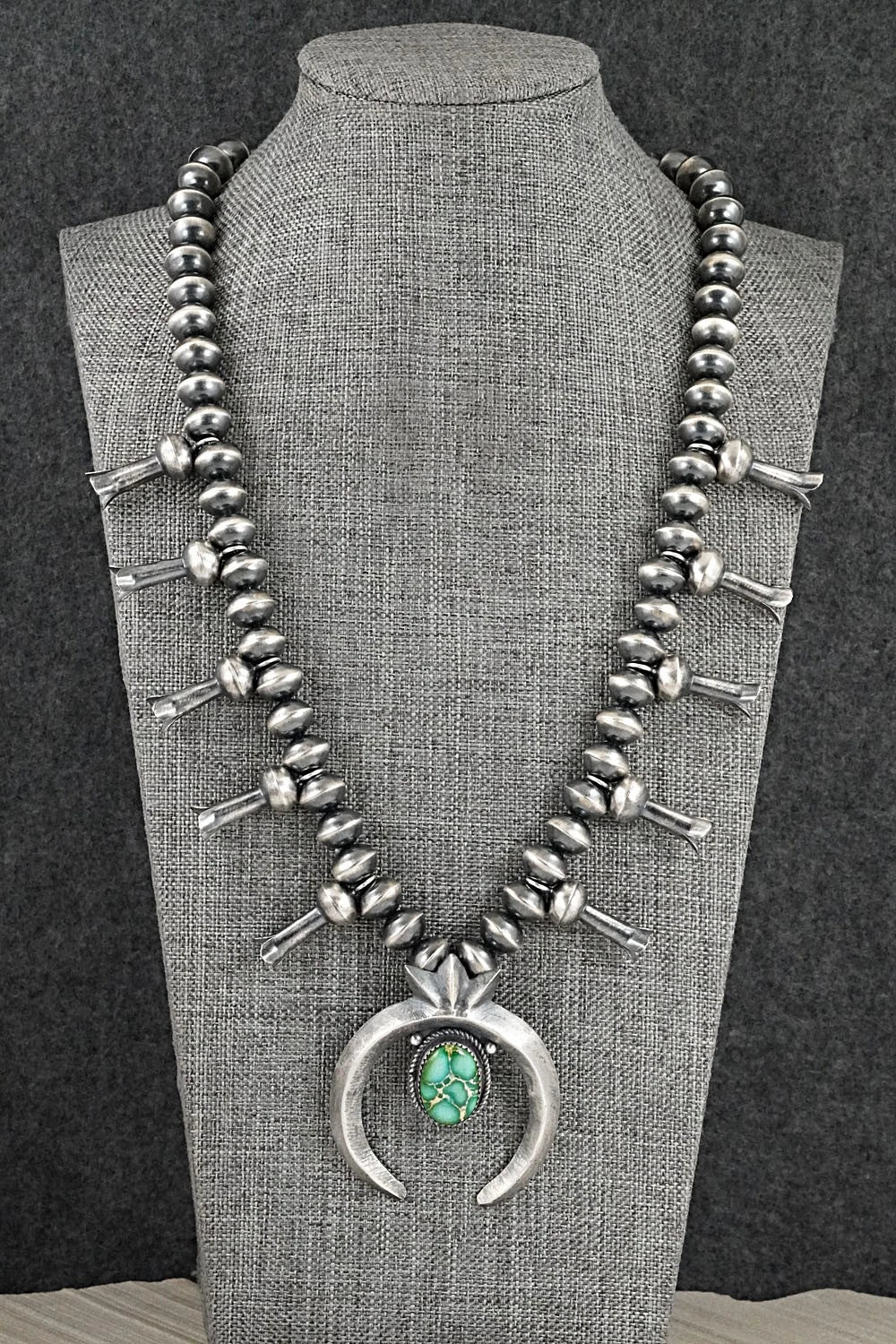 Turquoise & Sterling Silver Navajo Pearl Squash Blossom Necklace - Presley Haley