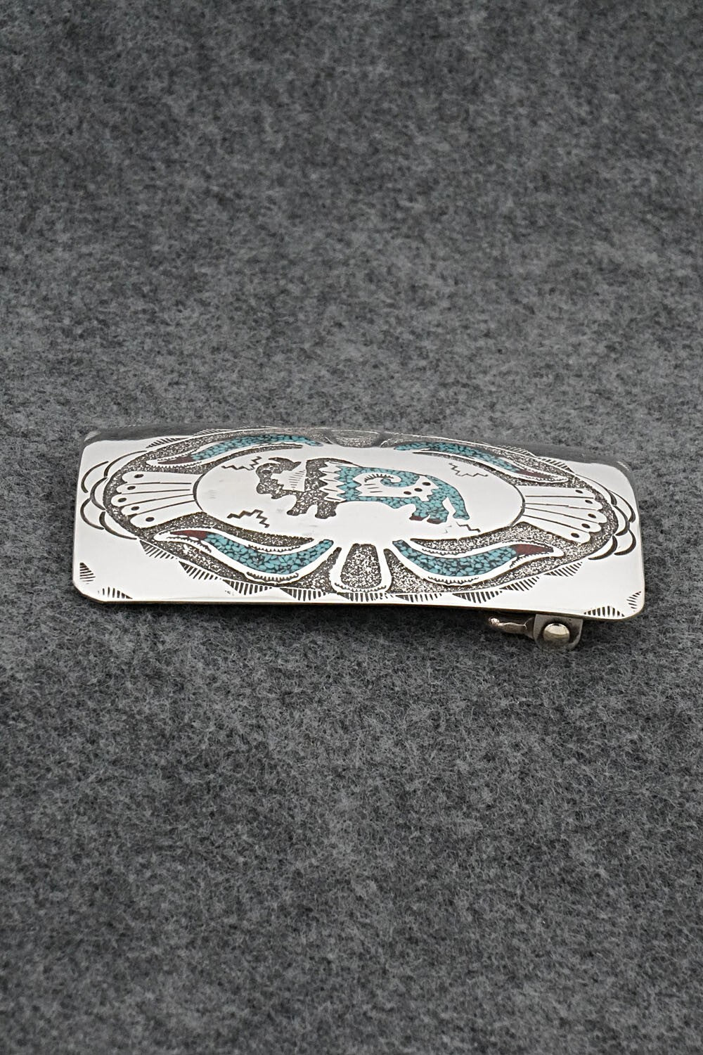 Turquoise, Coral Chip Inlay & Sterling Silver Belt Buckle - Raymond Begay