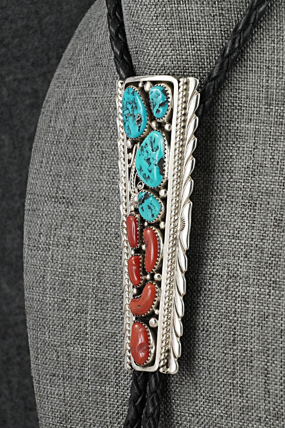 Turquoise, Coral & Sterling Silver Bolo Tie - Martin Muskett