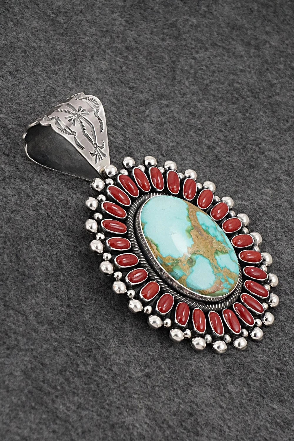 Turquoise, Coral & Sterling Silver Pendant - Ernest Begay