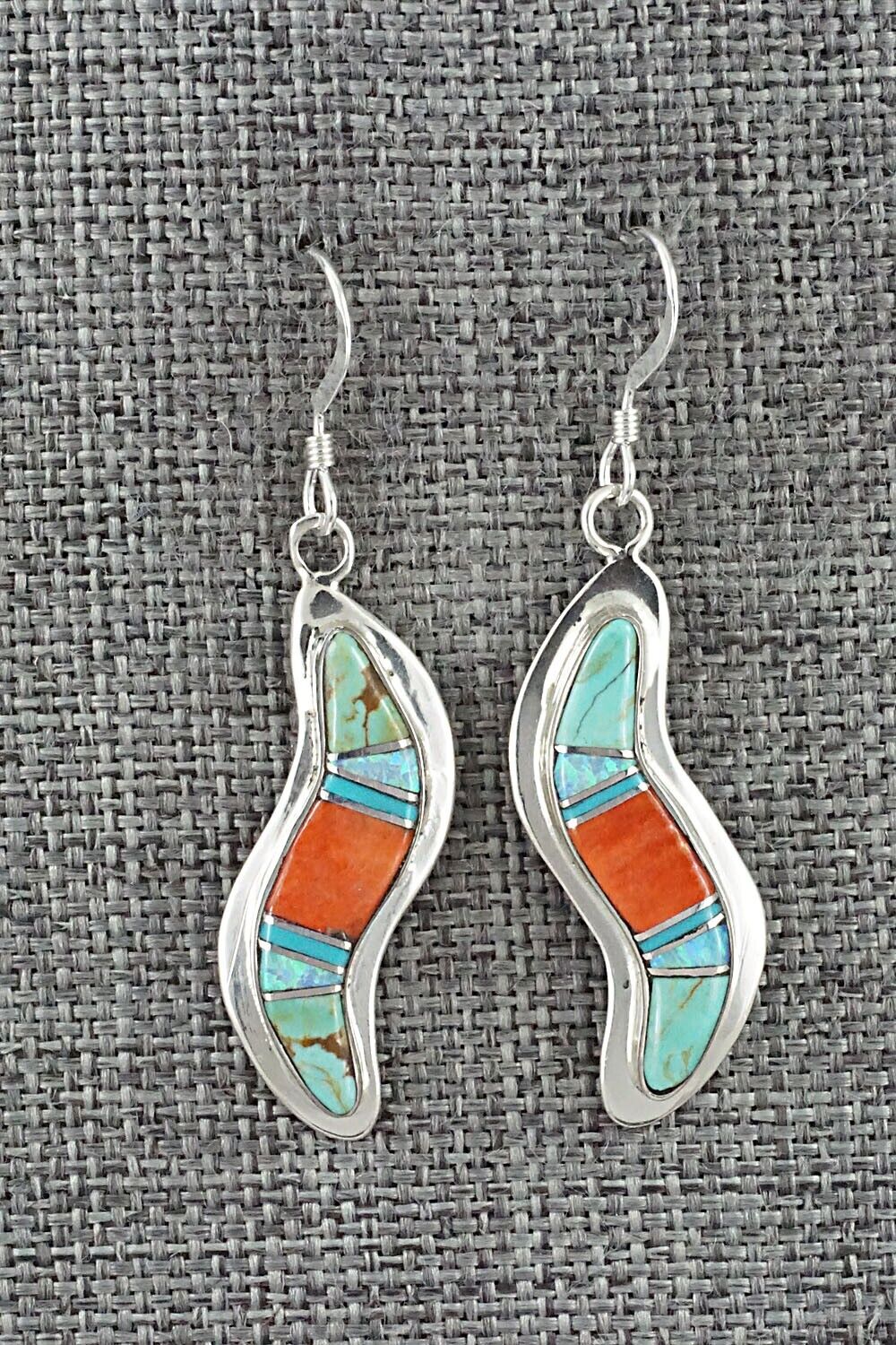 Spiny Oyster, Opalite, Turquoise & Sterling Silver Earrings - James Manygoats