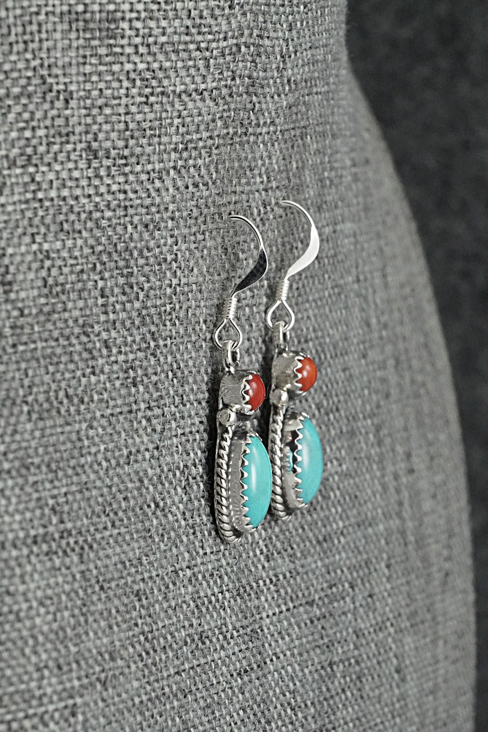 Turquoise, Coral & Sterling Silver Earrings - Verley Betone