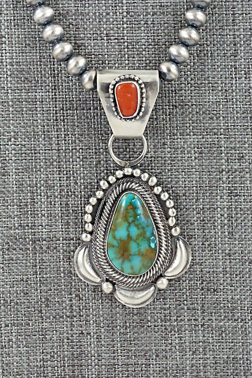 Turquoise, Coral & Sterling Silver Necklace - Tom Lewis