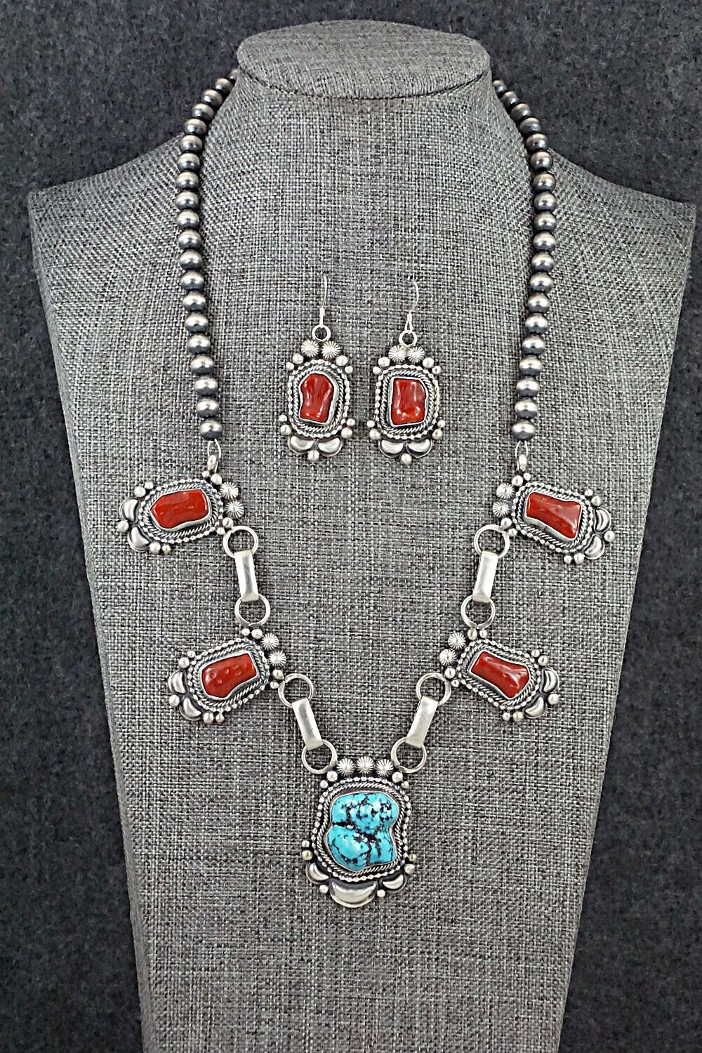 Turquoise, Coral & Sterling Silver Necklace and Earrings Set - Tom Lewis