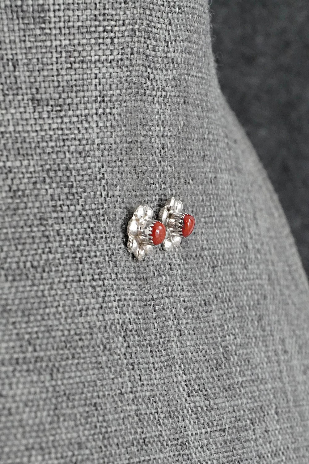 Coral and Sterling Silver Earrings - Ronald Yatsattie