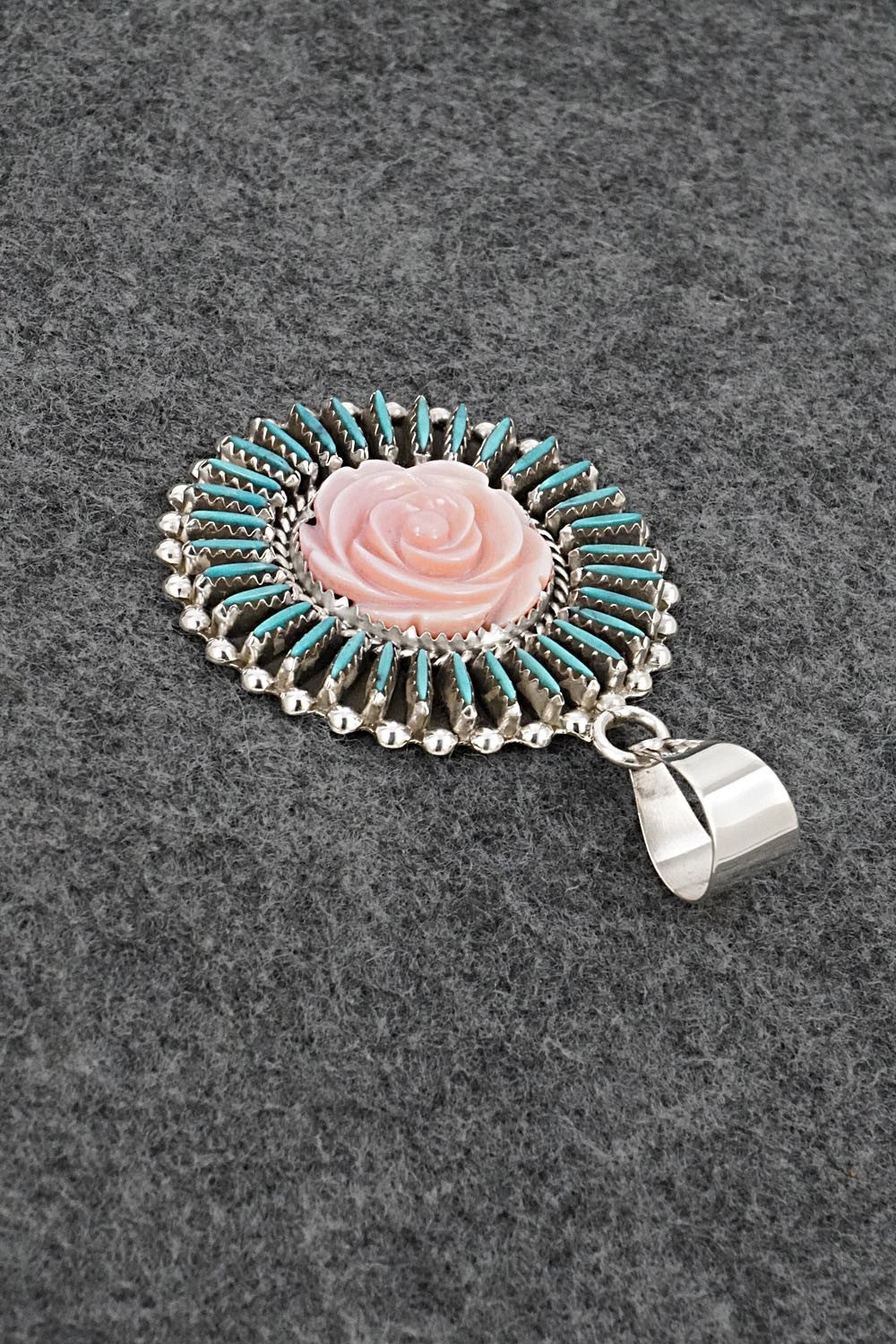 Turquoise, Pink Conch & Sterling Silver Pendant - Roland Francisco