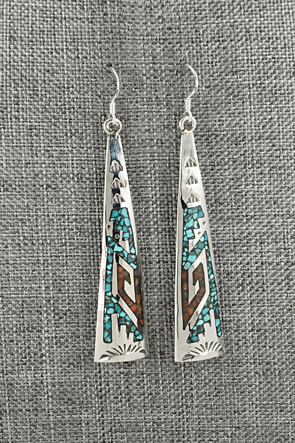 Turquoise, Coral Chip & Sterling Silver Earrings - Joleen Yazzie
