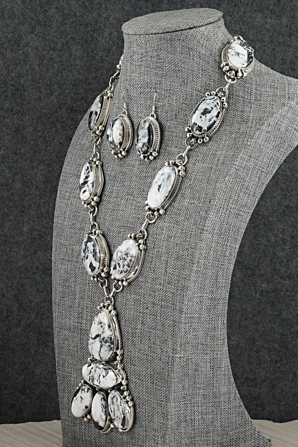 White Buffalo & Sterling Silver Necklace and Earrings Set - Vernon Johnson