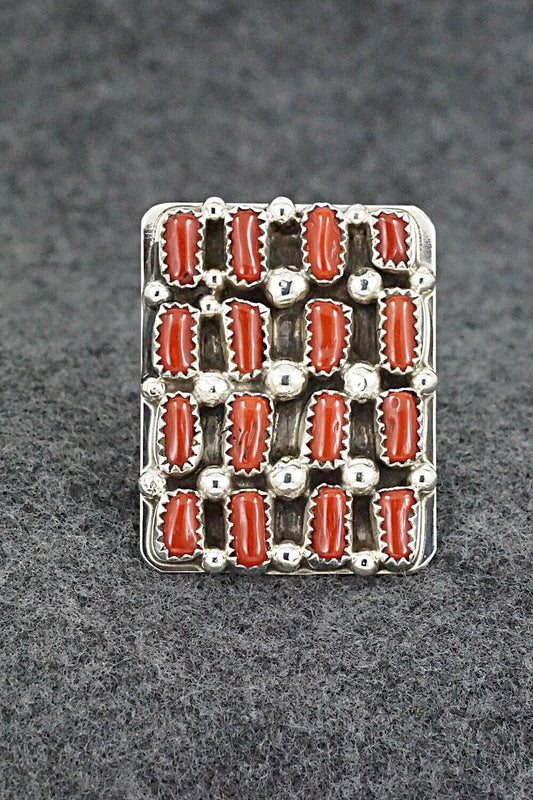 Coral and Sterling Silver Ring - Darlene Begay - Size 8.5