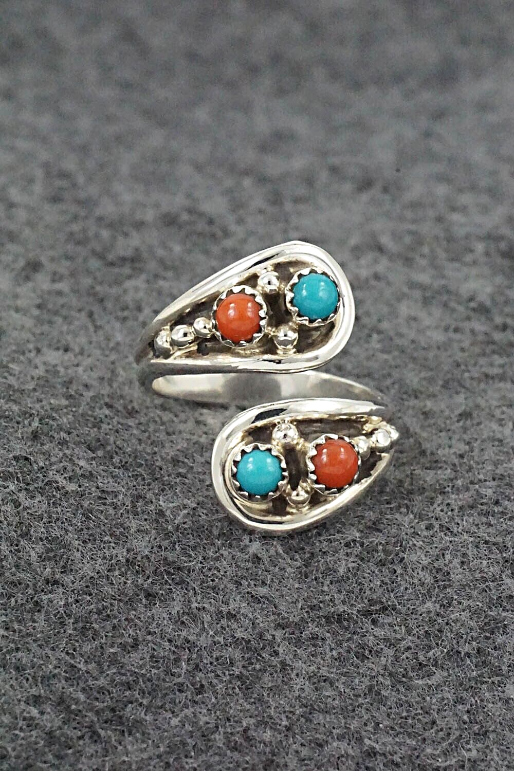 Turquoise, Coral & Sterling Silver Ring - Genevieve Francisco - Size 9