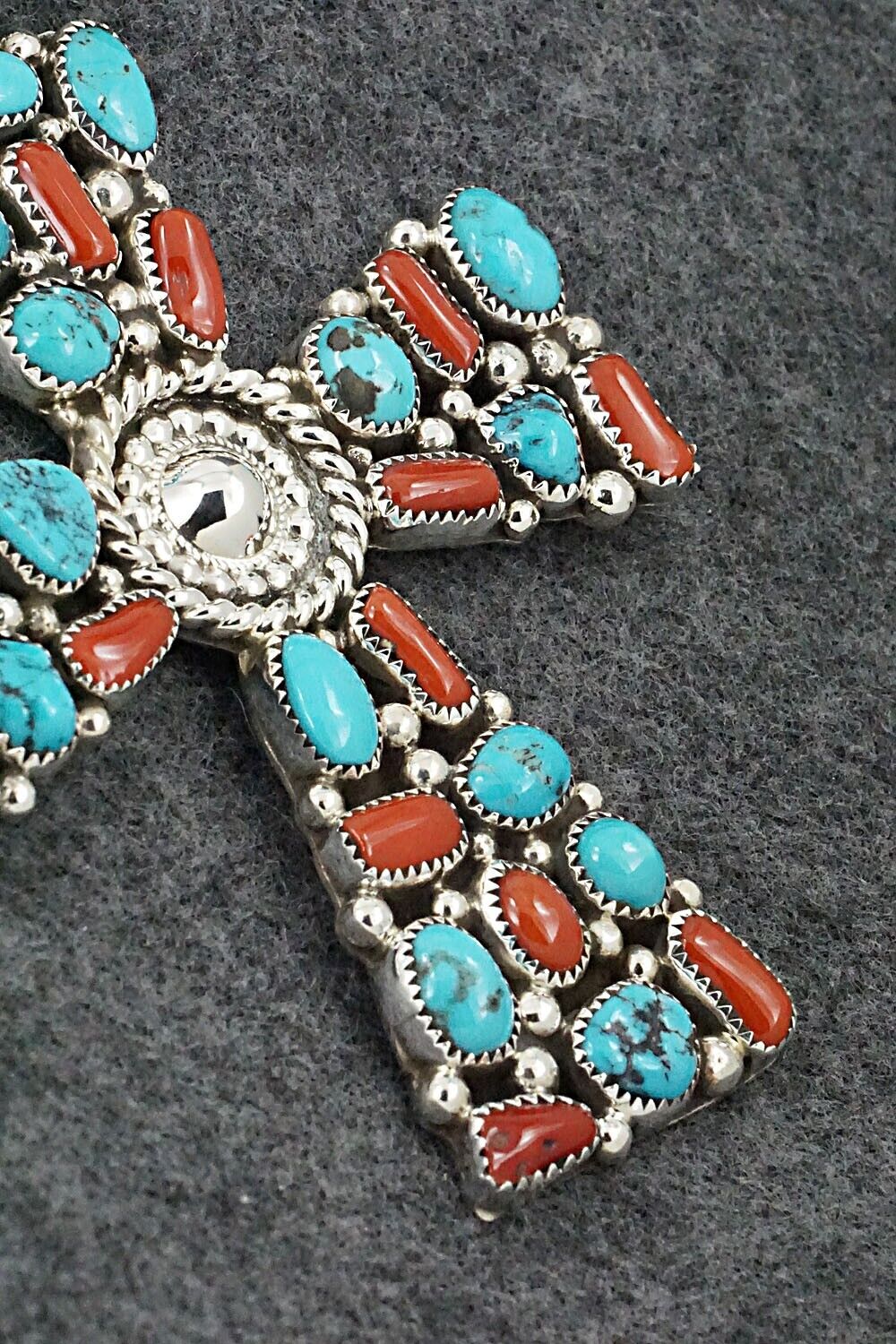 Turquoise, Coral and Sterling Silver Pendant - Marlene Haley