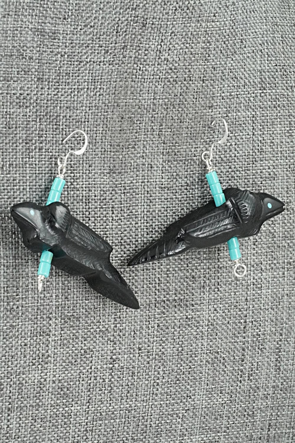 Turquoise, Jet Zuni Fetish & Sterling Silver Earrings - Herbert Halate