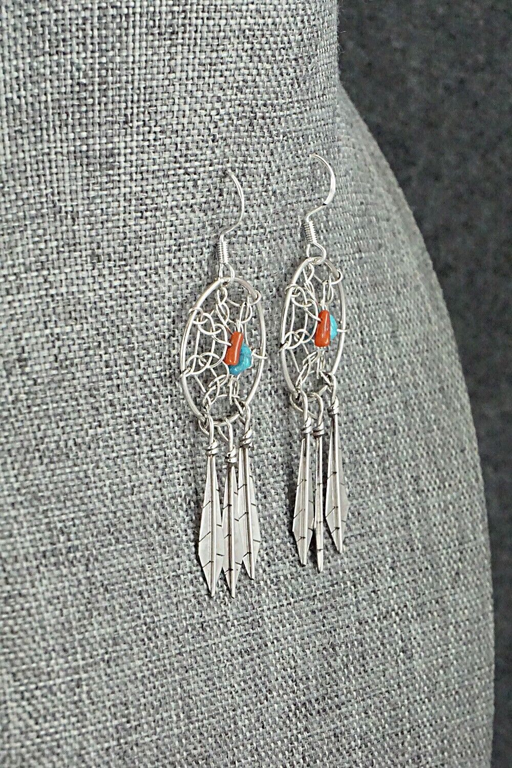 Turquoise, Coral & Sterling Silver Earrings - Lorenzo Arviso Jr.