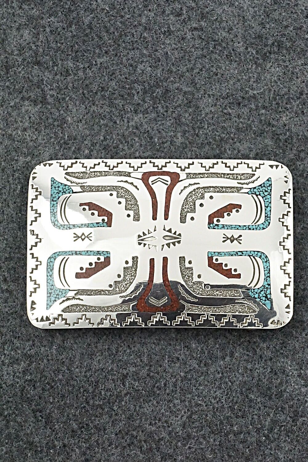 Turquoise, Coral Chip Inlay & Sterling Silver Belt Buckle - Raymond Begay