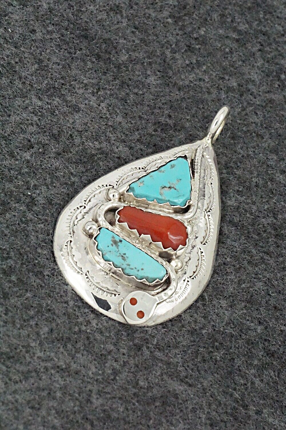 Turquoise, Coral and Sterling Silver Pendant - Joy Calavaza