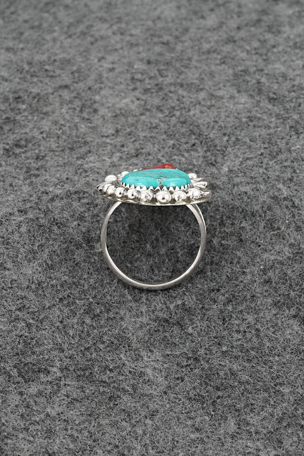 Turquoise, Coral & Sterling Silver Ring - Herbert Begaye - Size 7