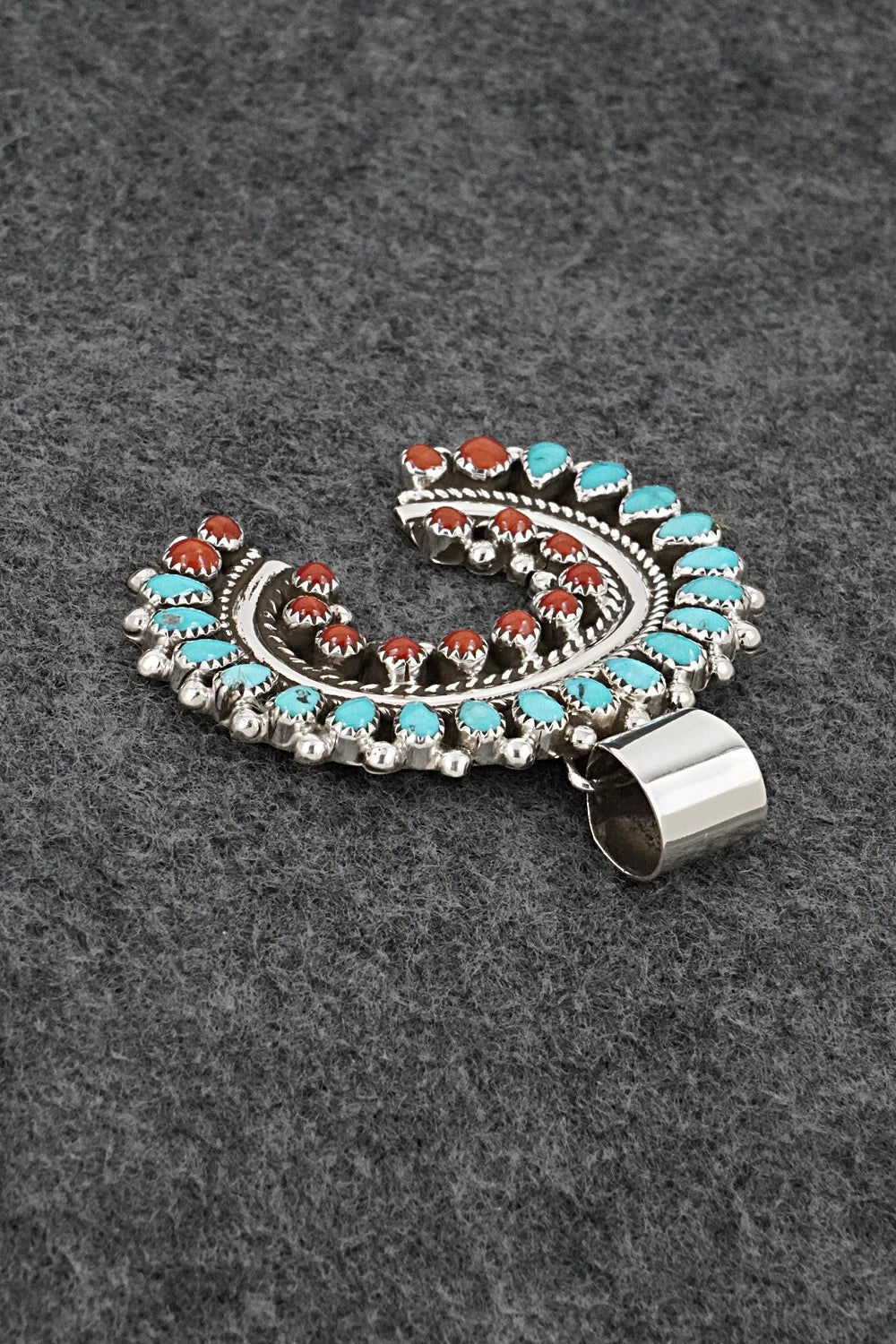 Turquoise, Coral & Sterling Silver Pendant - Leroy Kee