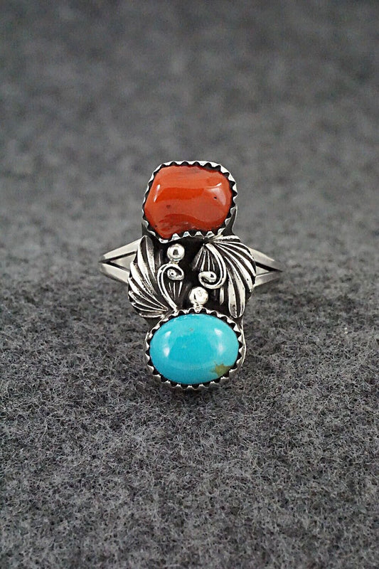 Coral, Turquoise & Sterling Silver Ring - Alice Rose Saunders - Size 8.5