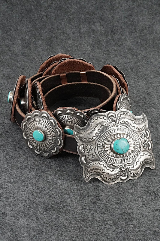 Turquoise, Sterling Silver & Leather Concho Belt - Dan Morgan