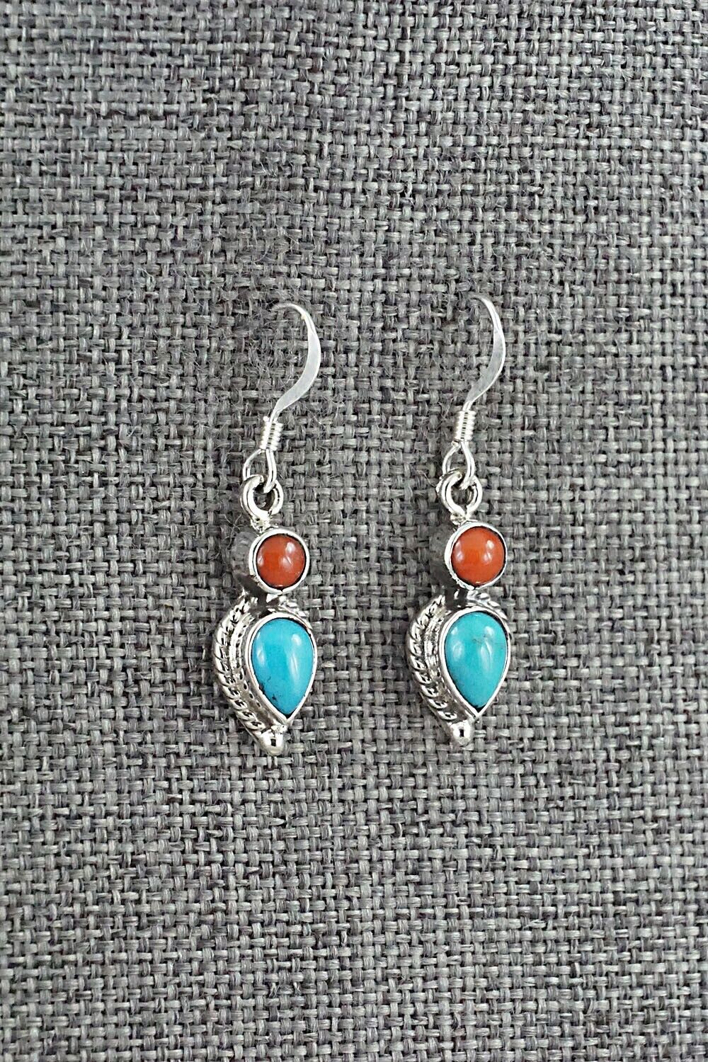 Turquoise, Coral & Sterling Silver Earrings - Verley Betone