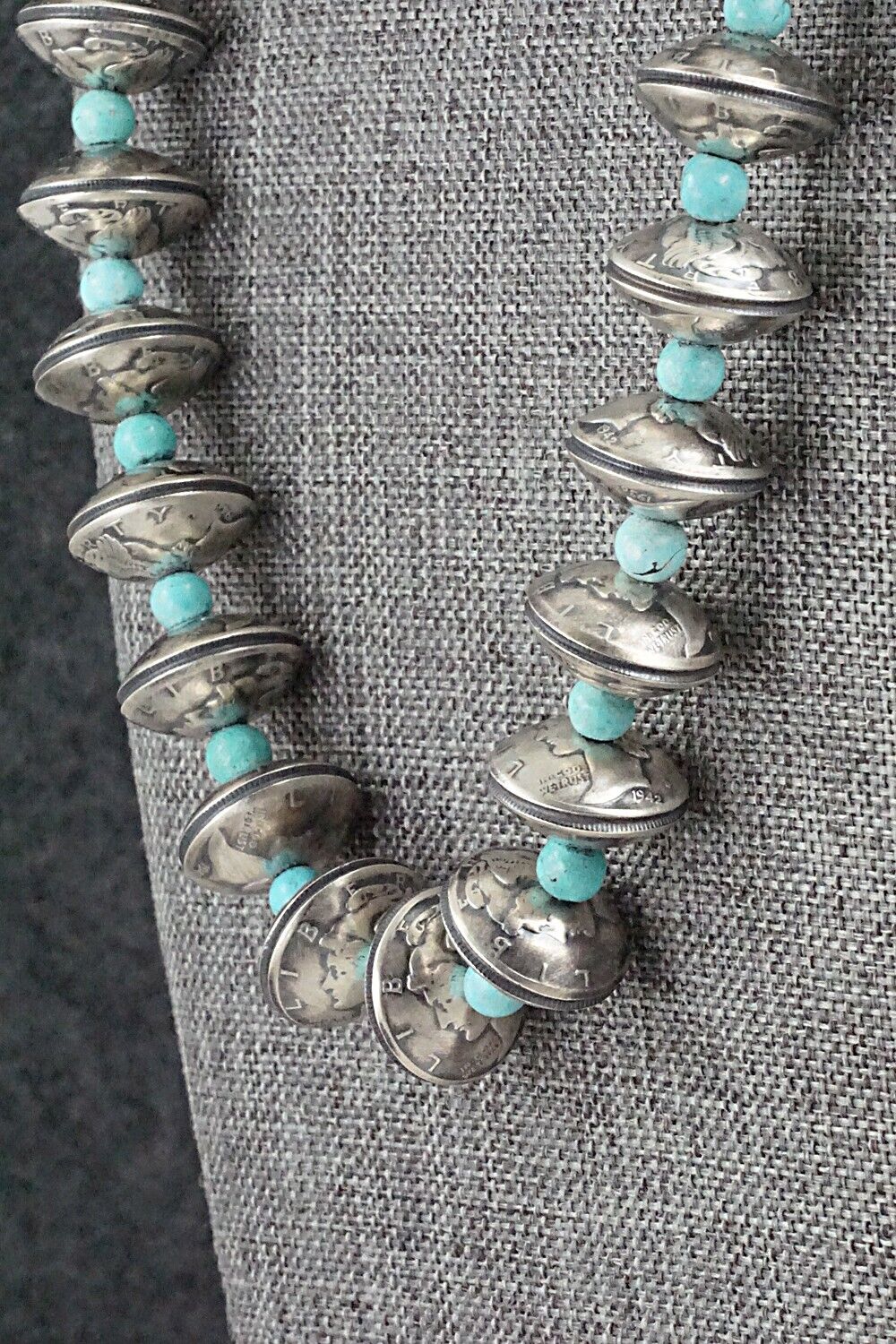 Turquoise & Handmade Mercury Dime Bead Sterling Silver Necklace - Julius Burbank