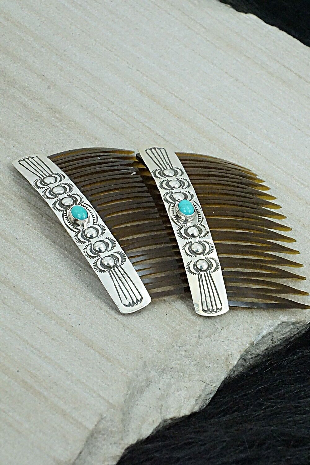 Turquoise & Sterling Silver Hair Combs - Jennie Blackgoat