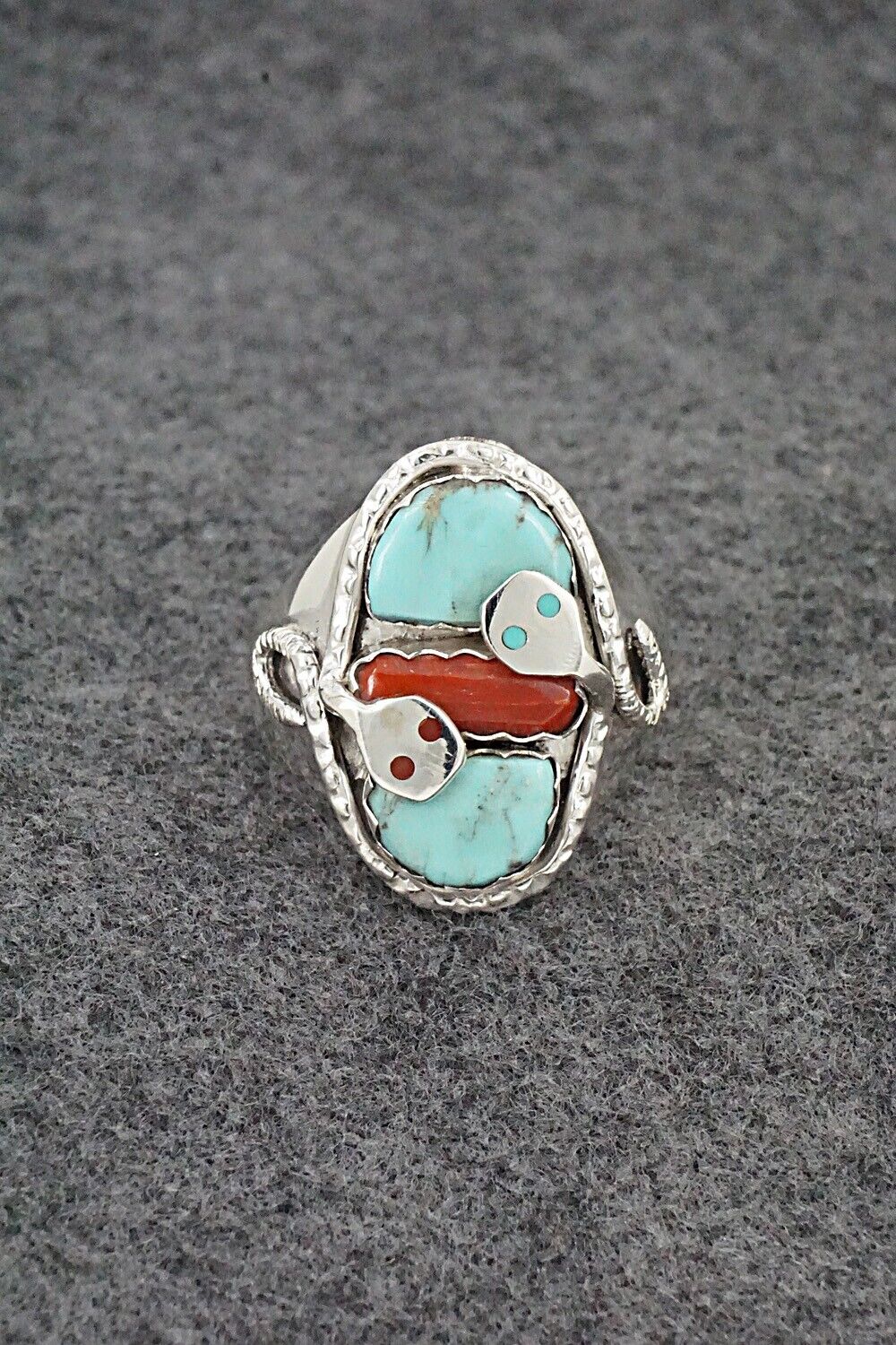 Turquoise, Coral & Sterling Silver Ring - Joy Calavaza - Size 14