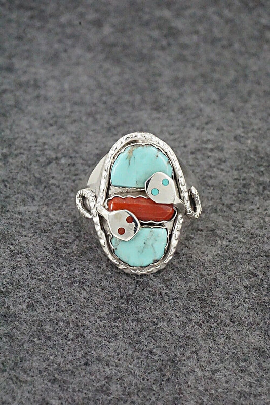 Turquoise, Coral & Sterling Silver Ring - Joy Calavaza - Size 14