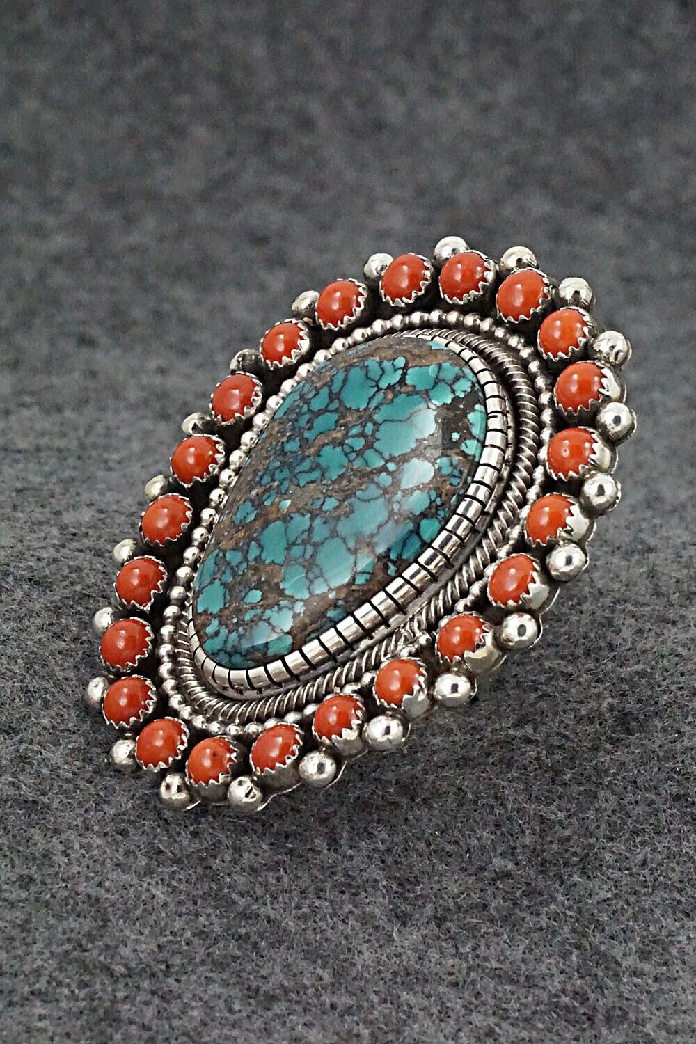 Turquoise, Coral & Sterling Silver Ring - Hemerson Brown - Size 9 Adj.