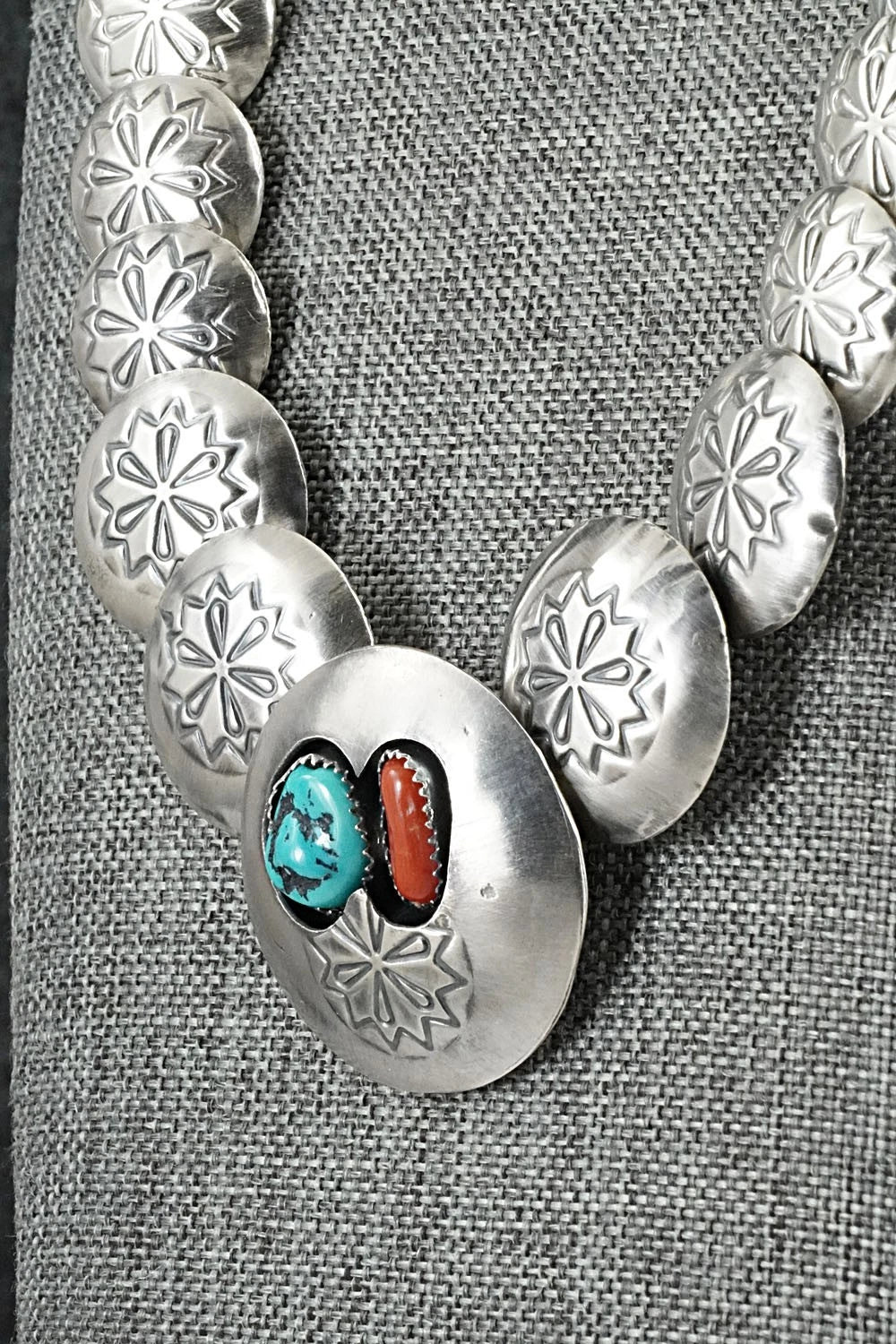 Turquoise, Coral & Sterling Silver Necklace and Earrings Set - Tim Thompson
