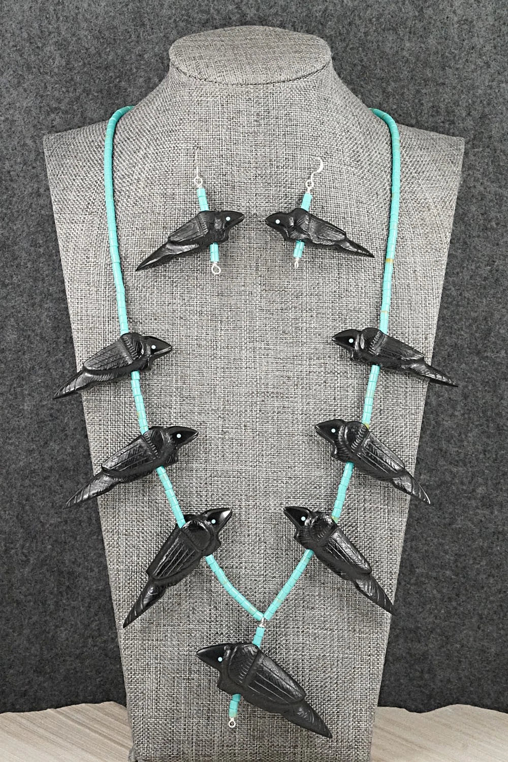 Turquoise, Jet Zuni Fetish & Sterling Silver Necklace Set - Herbert Halate