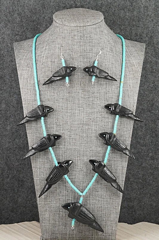 Turquoise, Jet Zuni Fetish & Sterling Silver Necklace Set - Herbert Halate