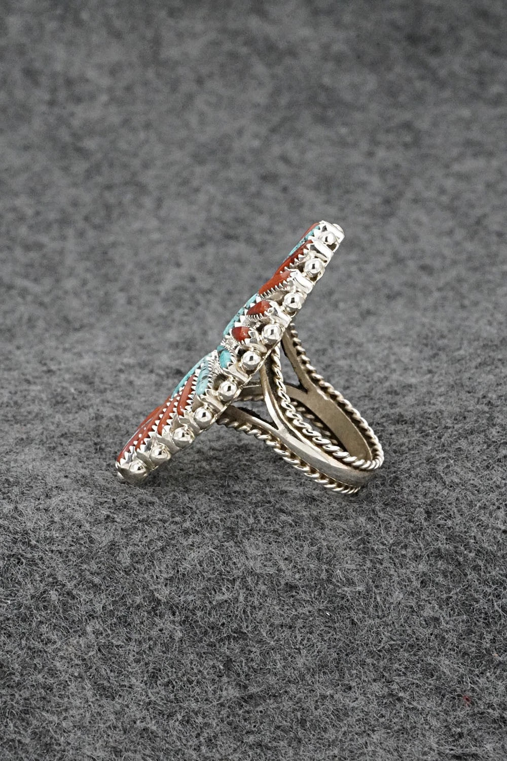Turquoise, Coral & Sterling Silver Ring - Kyle Wilson - Size 8