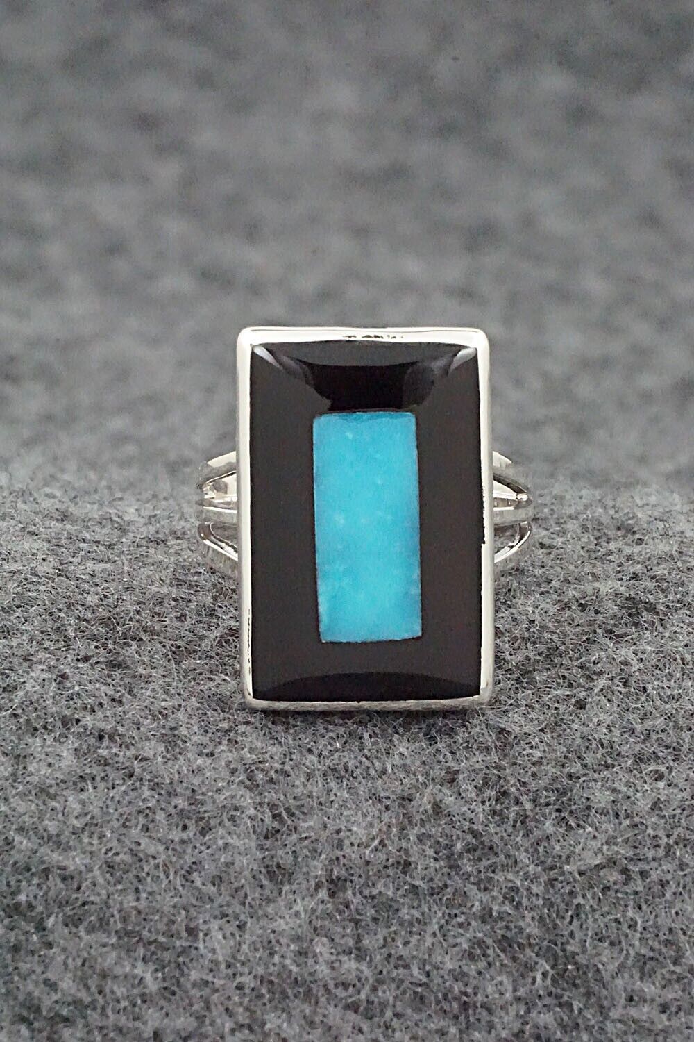 Turquoise, Onyx & Sterling Silver Ring - Harlan Coonsis - Size 8