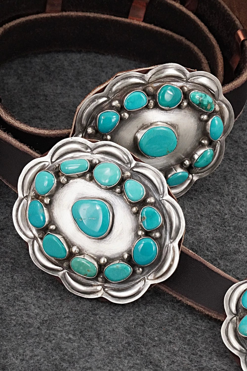 Turquoise, Sterling Silver & Leather Concho Belt - Dan Morgan