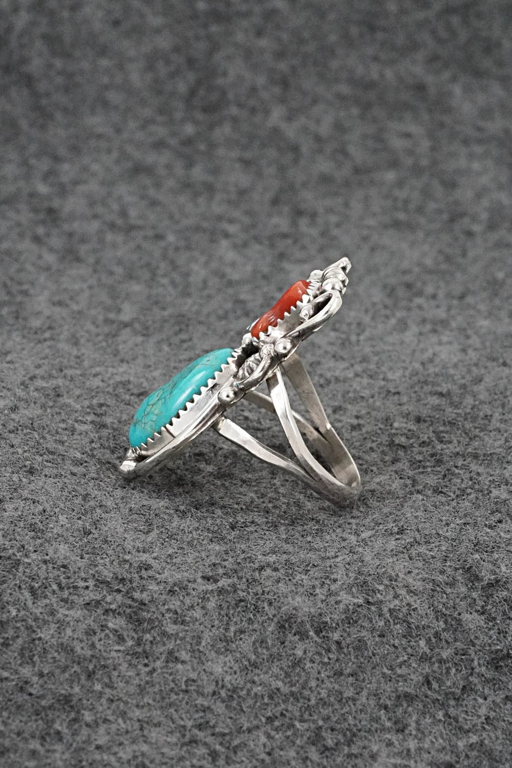 Turquoise, Coral & Sterling Silver Ring - Herbert Begaye - Size 9.5