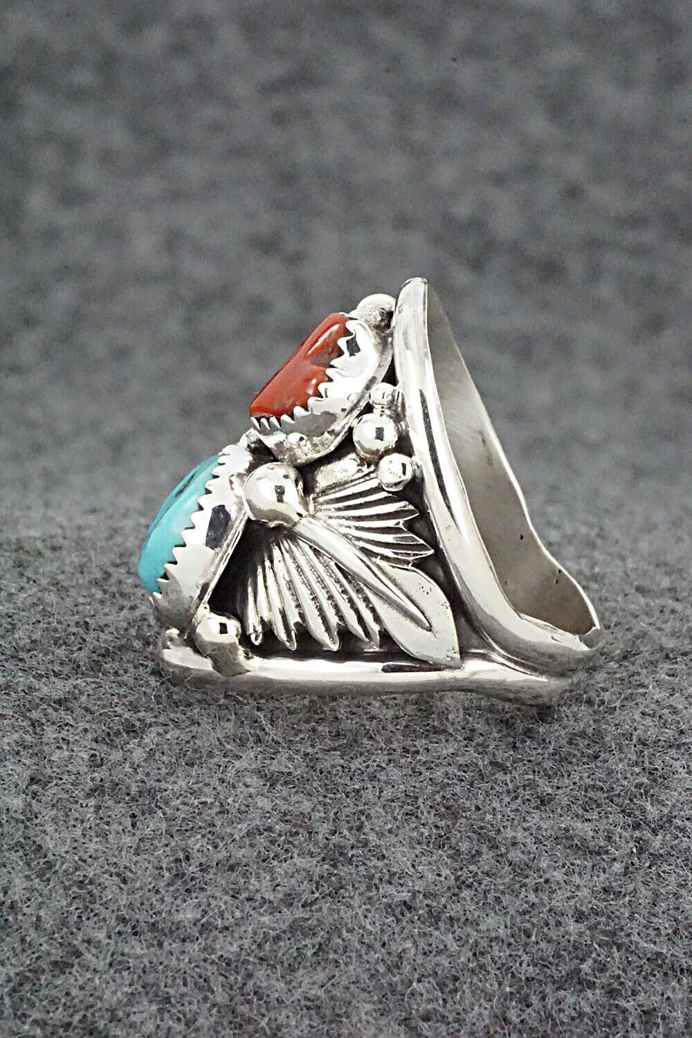 Turquoise, Coral & Sterling Silver Ring - Jeannette Saunders - Size 9.5