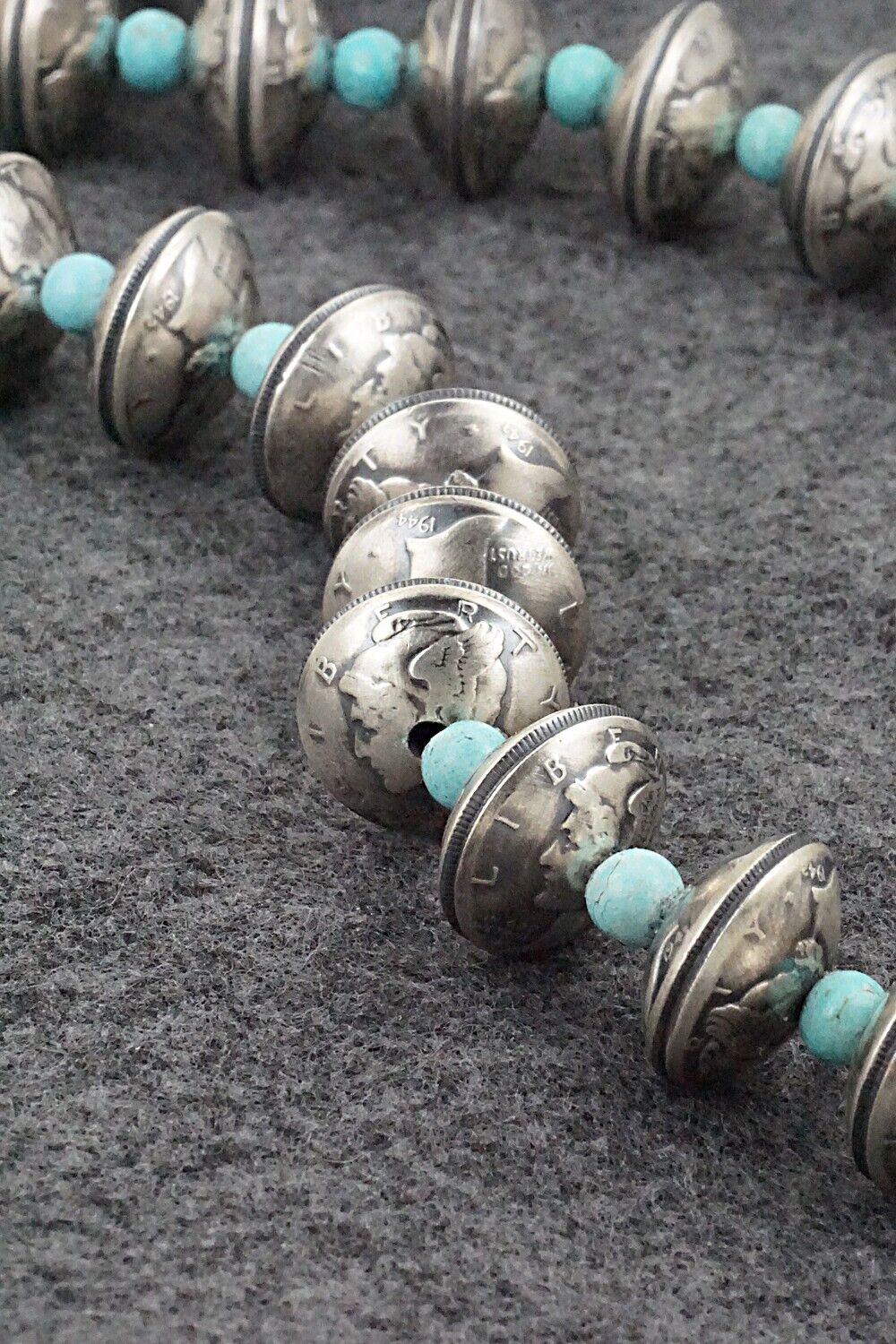 Turquoise & Handmade Mercury Dime Bead Sterling Silver Necklace - Julius Burbank
