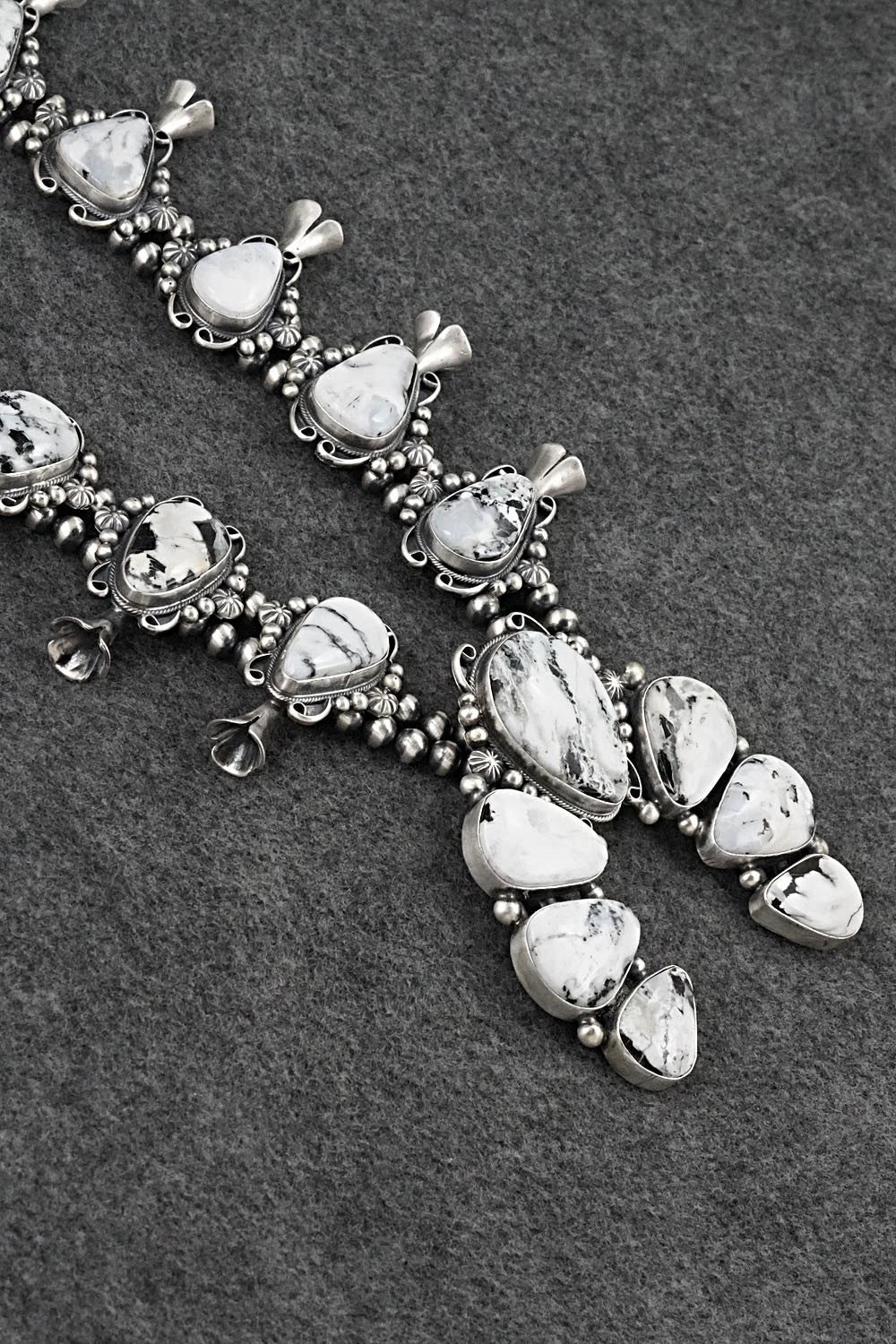 White Buffalo & Sterling Silver Squash Blossom Set - Paul Livingston