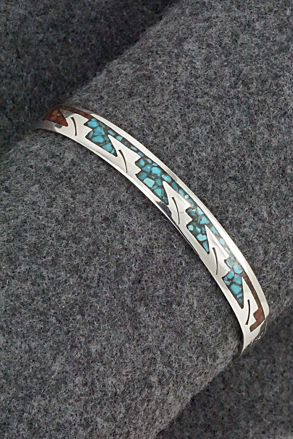 Turquoise, Coral Chip Inlay & Sterling Silver Bracelet - Joleen Yazzie