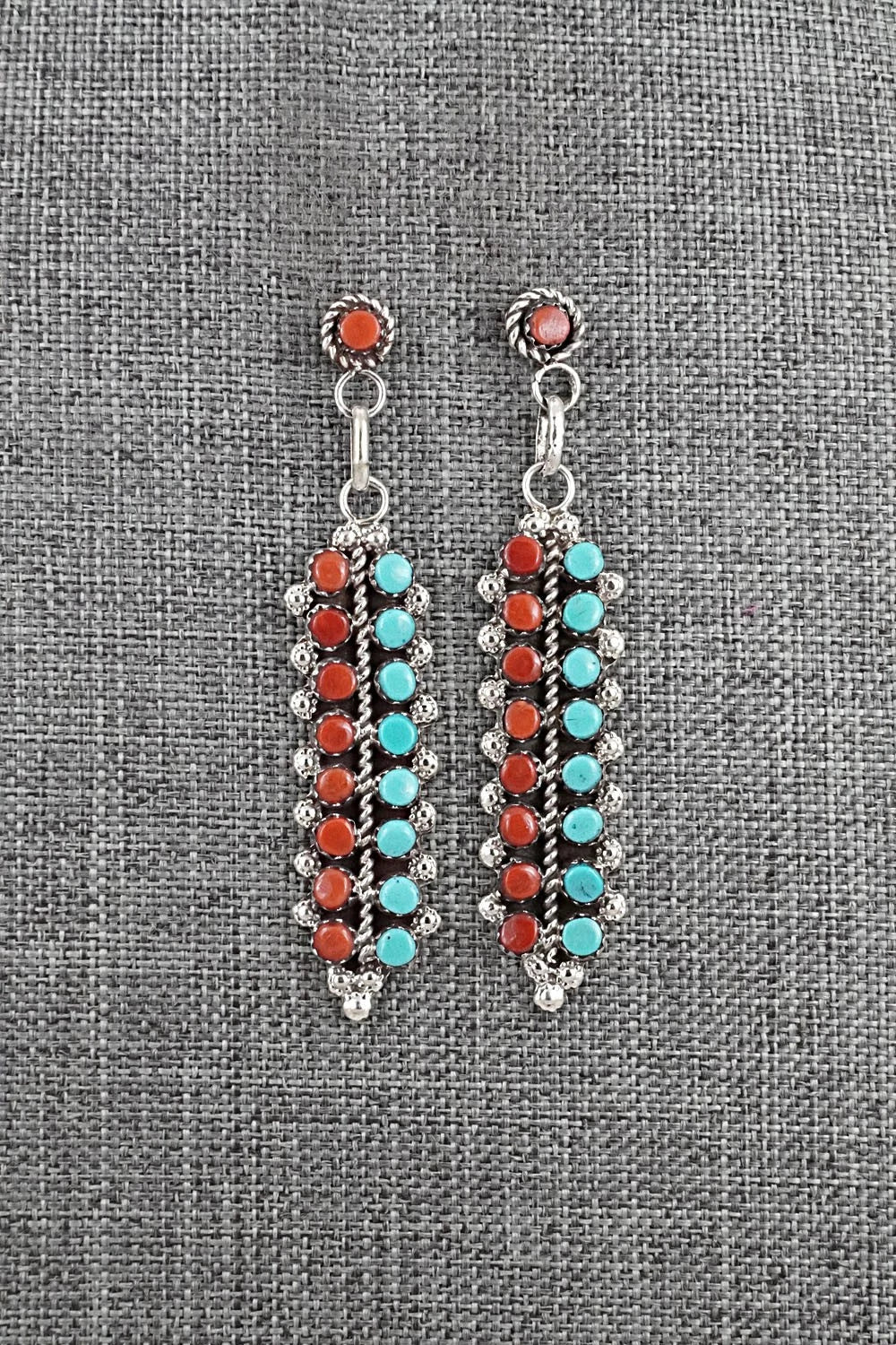 Turquoise, Coral & Sterling Silver Earrings - Jean Paisano