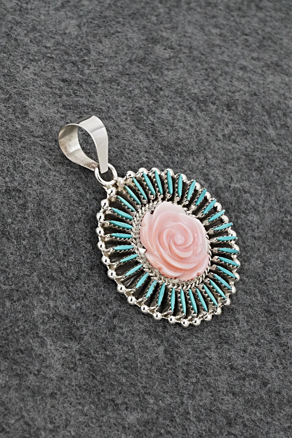 Turquoise, Pink Conch & Sterling Silver Pendant - Roland Francisco