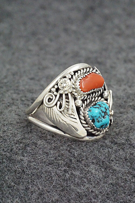 Turquoise, Coral & Sterling Silver Ring - Leonard Spencer - Size 12