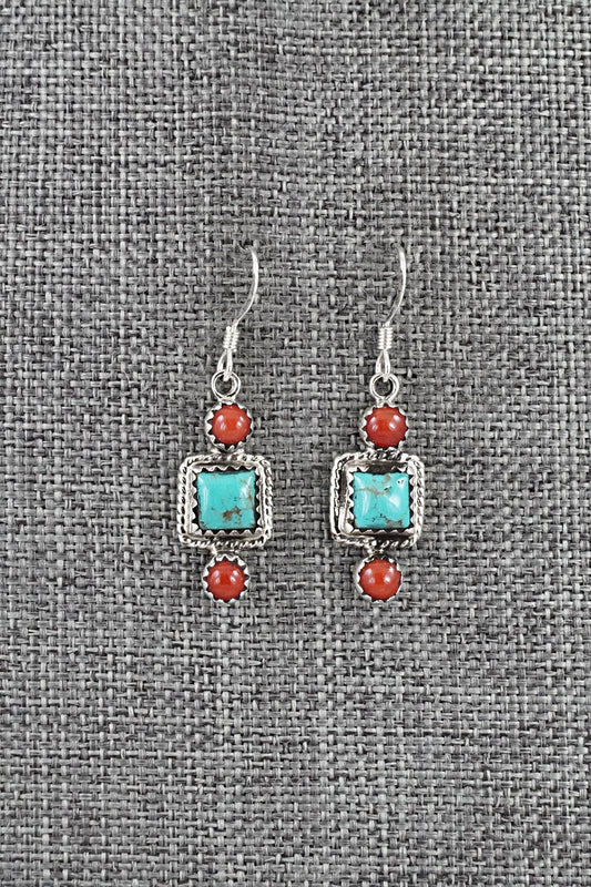 Turquoise, Coral & Sterling Silver Earrings - Gary Shorty