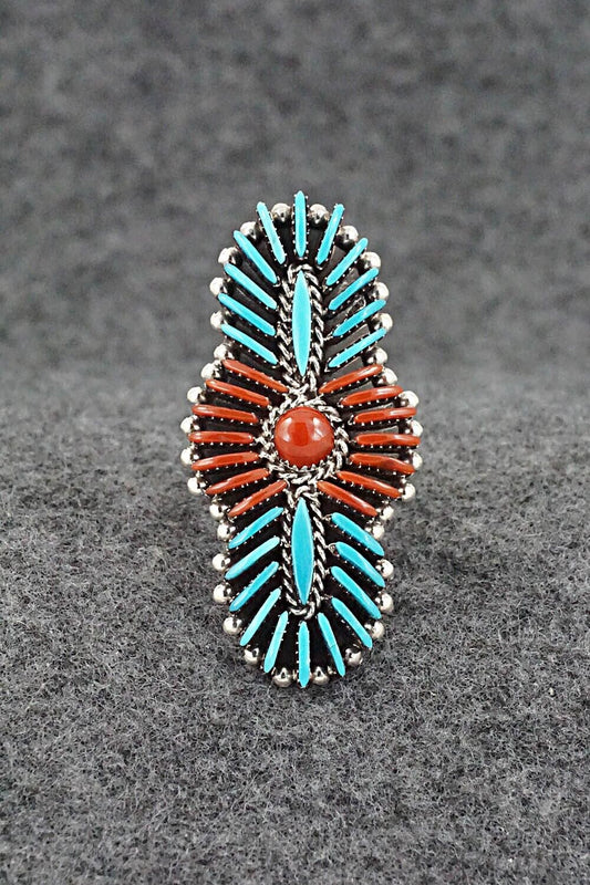 Turquoise, Coral & Sterling Silver Ring - Edmund Cooeyate - Size 7.5