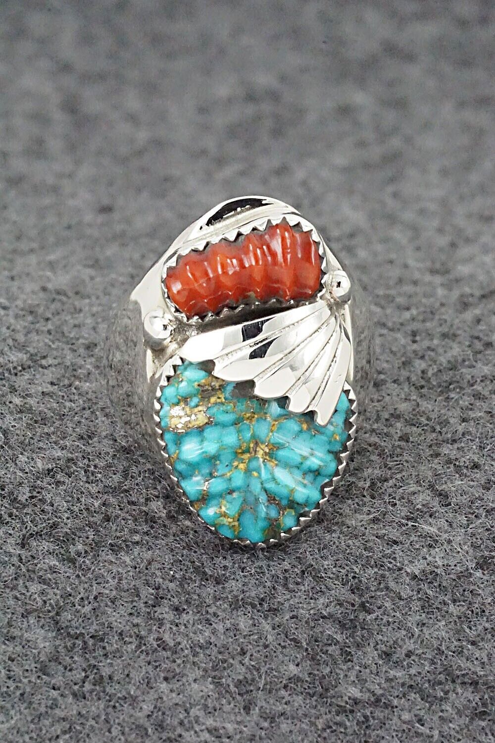 Coral, Turquoise & Sterling Silver Ring - Lyolita Tsattie - Size 8.5