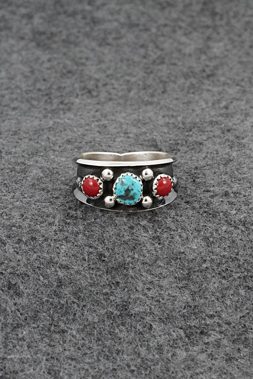 Turquoise, Coral & Sterling Silver Ring - Paul Largo - Size 11.5
