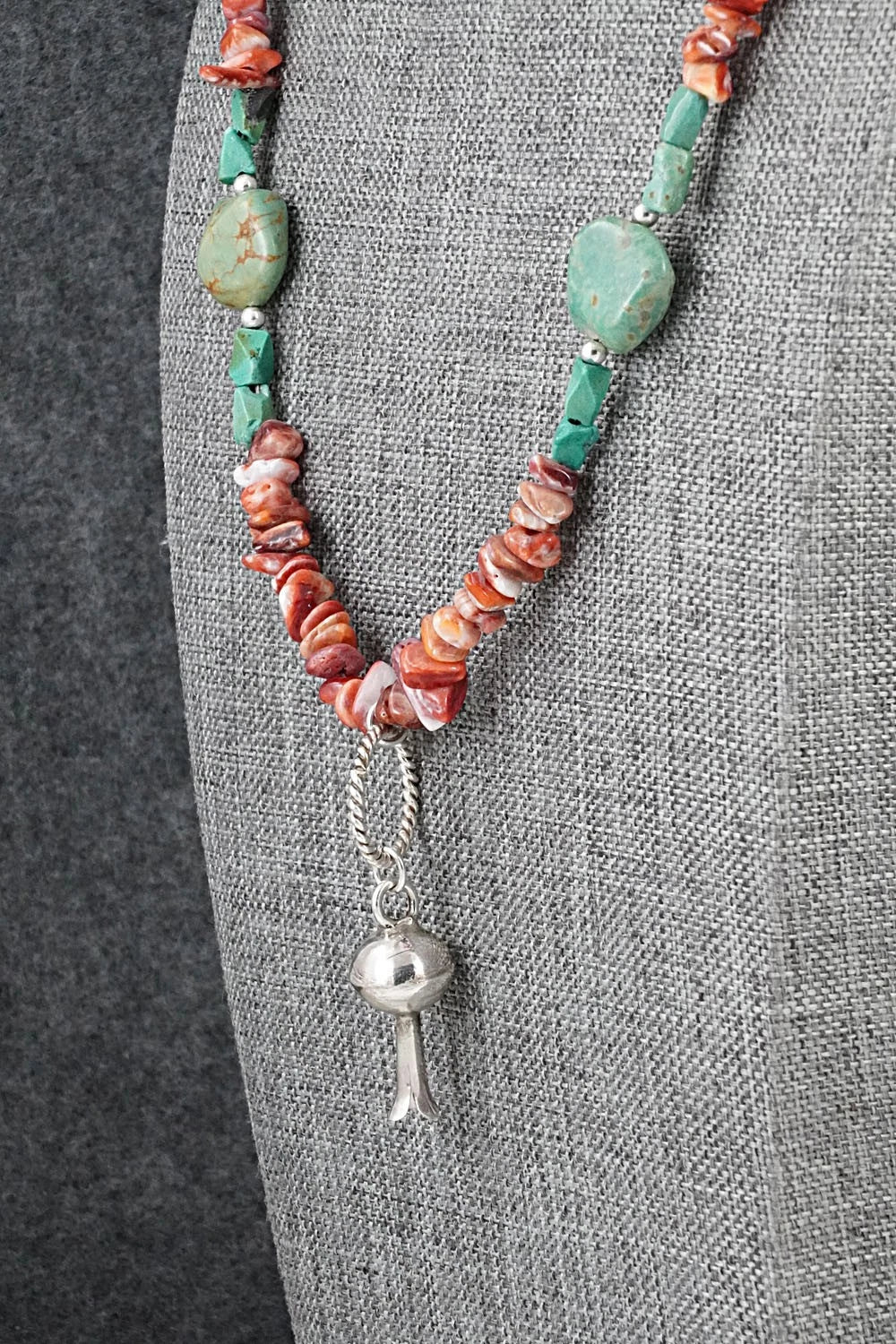Spiny Oyster, Turquoise & Sterling Silver Necklace 26" - Erika Brown